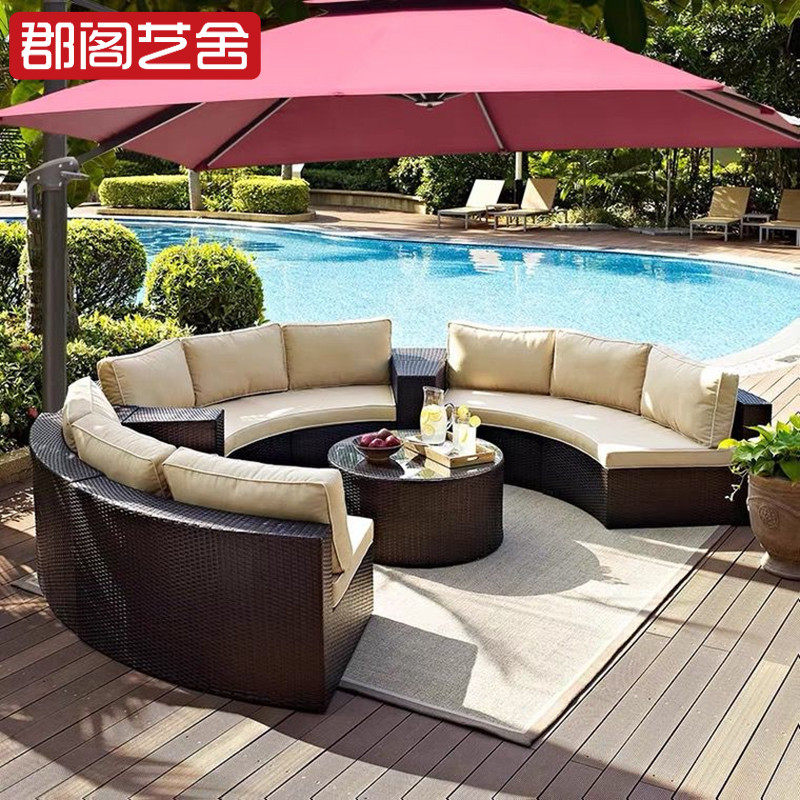 Outdoor furniture rattan sofa outdoor terrace greenhouse leisure hotel round rattan sofa coffee table furniture combination