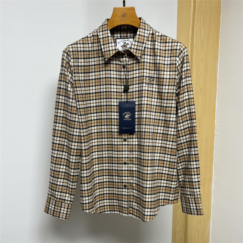 【Women's Clothing】Beverly Polo Autumn Long Sleeve Shirt Business Casual Pointed Collar Khaki Small Checkered Cardigan Shirt