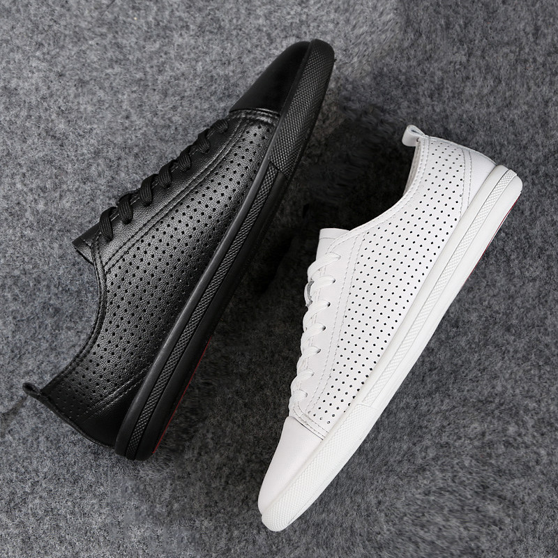Men's shoes summer hollow white shoes men's leather casual shoes all-match tide board shoes men's breathable deodorant low-top shoes