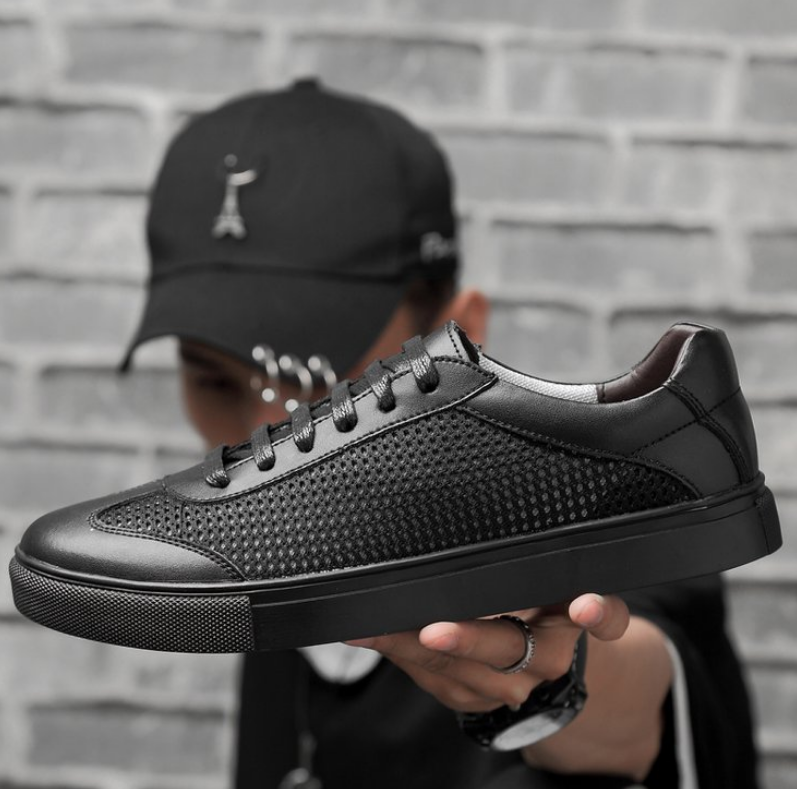 Summer breathable mesh men's shoes leather fashion pure black casual shoes 45 men's hollow sneakers 46 yards white shoes