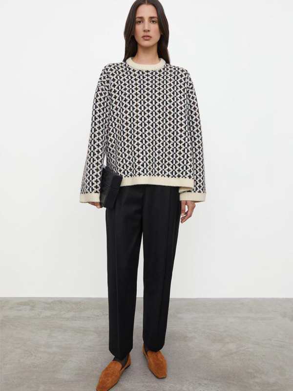 Tote*26 New Niche Patterned Sweater for Women, Norwegian Style Wool Knit Cross Jacquard Side Slit Top