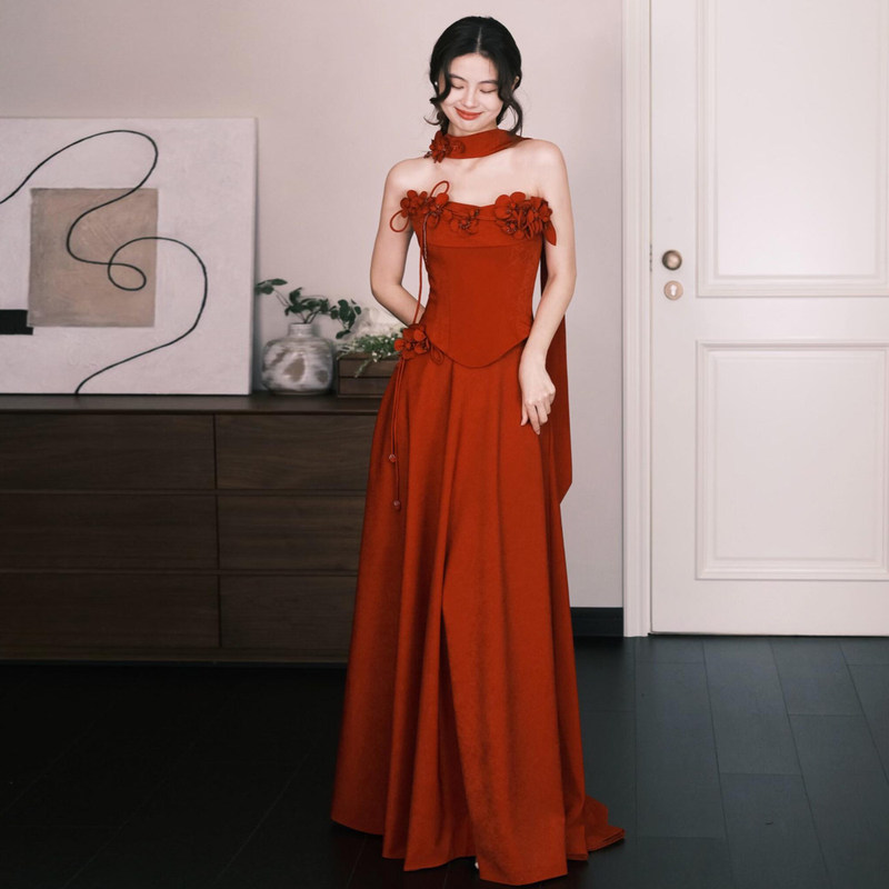 Bridal Toast Dress, Strapless, Burgundy, 2026 New Style, High-End Light Luxury Floral Engagement Dress, Homecoming Wedding Dressing Gown Bridal Toast Dress, Strapless, Burgundy, 2026 New Style, High-End Light Luxury Floral Engagement Dress, Homecoming Wedding Dressing Gown