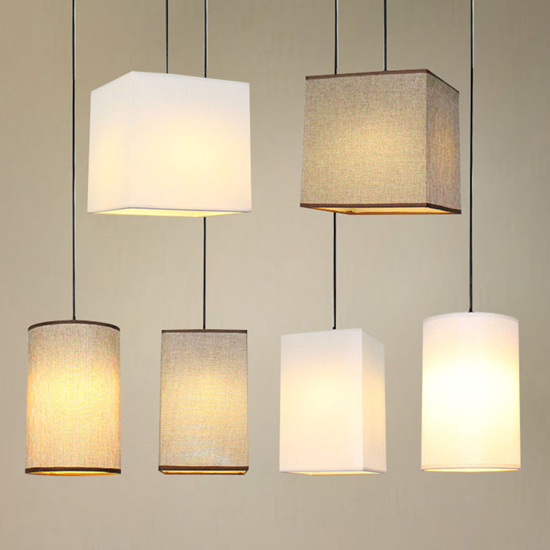 Chain Restaurant Off-White Linen Square Fabric Lampshade Chandelier Bar Hotel Straight Brown Bedside Cloth Lamp