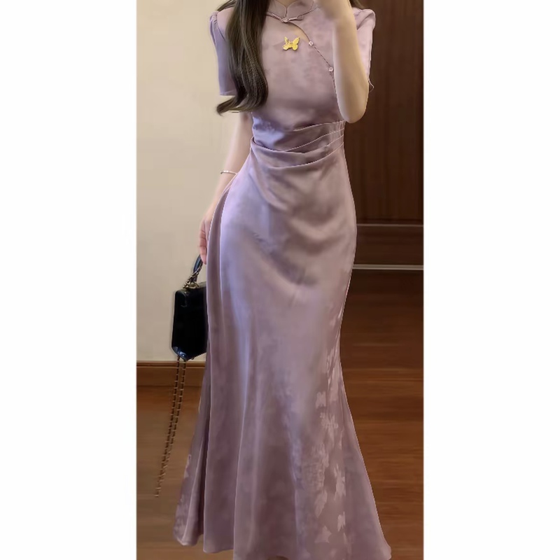 Especially Beautiful Waist-Cinching Cheongsam Dress for Women, New Chinese Style 2026 Early Summer, Very Pretty Purple Dress, Long Dress with High-End Temperament Especially Beautiful Waist-Cinching Cheongsam Dress for Women, New Chinese Style 2026 Early Summer, Very Pretty Purple Dress, Long Dress with High-End Temperament