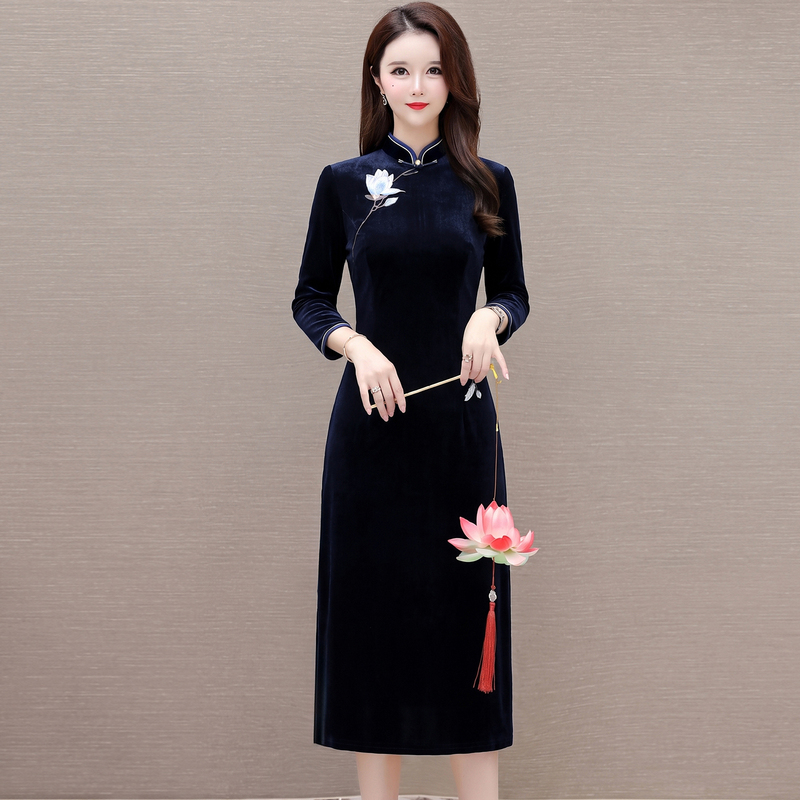 Improved Cheongsam Dress for Mothers, Velvet Stretch, Plus Size, New Autumn Style, Long-Sleeved, Blue and Navy Blue Dress