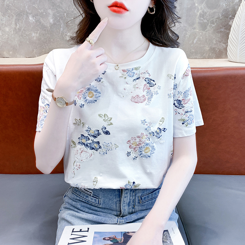 Pure Cotton Printed T-Shirt for Women, Summer Short-Sleeved Korean Style Peony Flower New Trendy Versatile Loose Floral Half-Sleeve Top