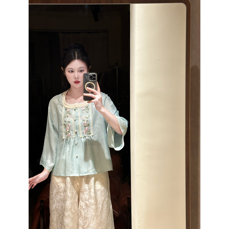 (Suzhou Embroidery Doll Shirt) Four-Thread Twisted Silk Handmade Chinese Style New Silk Cardigan Summer New Product (Suzhou Embroidery Doll Shirt) Four-Thread Twisted Silk Handmade Chinese Style New Silk Cardigan Summer New Product