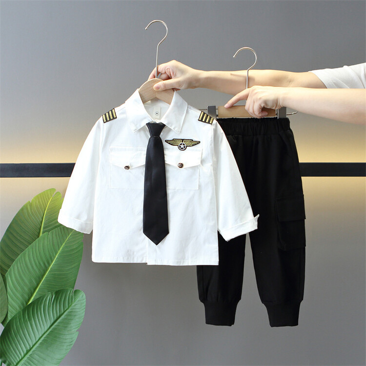 Boy's Captain Uniform, Handsome Little Boy's Aviation Uniform Set, Baby Boy's Police Uniform, Pilot Performance Costume, Spring and Autumn Season