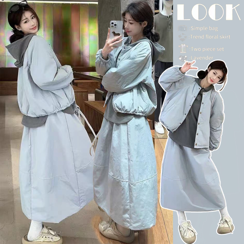Western-Style Maternity Wear, Autumn and Winter Suit, Blue Korean-Style Casual Quilted Jacket, Hooded Sweatshirt, Skirt, Three-Piece Set Western-Style Maternity Wear, Autumn and Winter Suit, Blue Korean-Style Casual Quilted Jacket, Hooded Sweatshirt, Skirt, Three-Piece Set