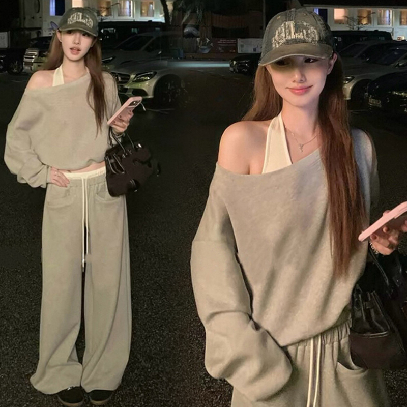 Maternity Autumn Sweatshirt Set 2026 New Korean Style Casual Off-Shoulder Sweatshirt Halter Top Wide-Leg Pants Two-Piece Set