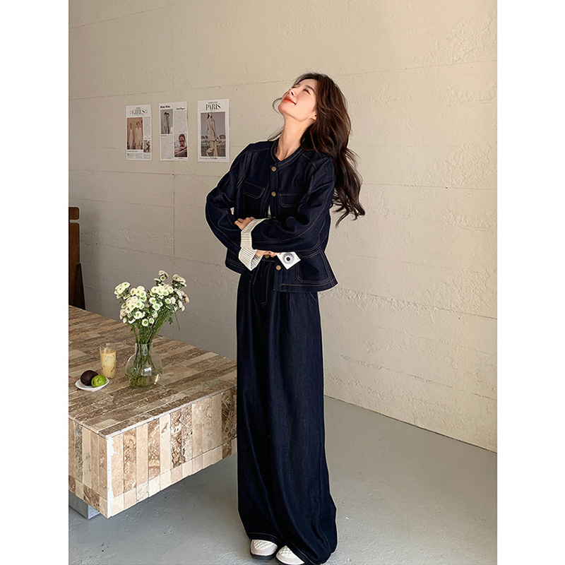 Maternity Wear Autumn Striped Patchwork Denim Suit for Women 2026 New Korean Style Denim Jacket Wide-Leg Pants Two-Piece Set