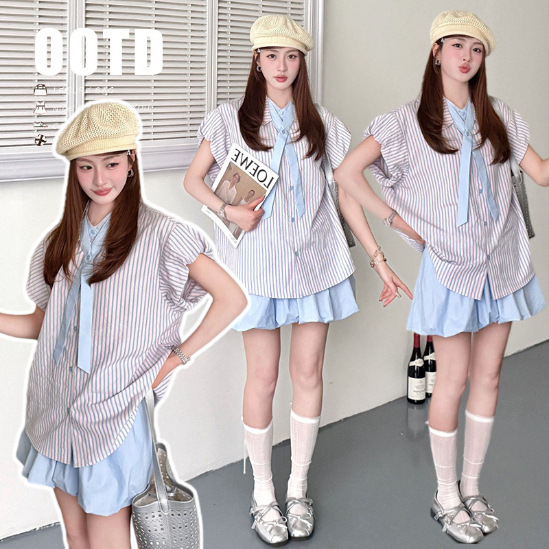 Maternity Summer Outfit 2026 New Striped Short-Sleeved Shirt Top and Floral Skirt Korean Style Complete Set