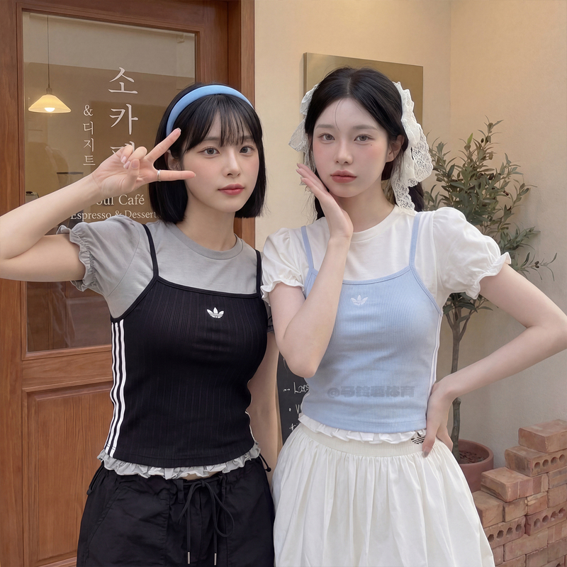 Adidas Adidas Trefoil Women's Spring and Summer New Lace Puff Sleeve Sports Short-Sleeved T-Shirt Ky3299