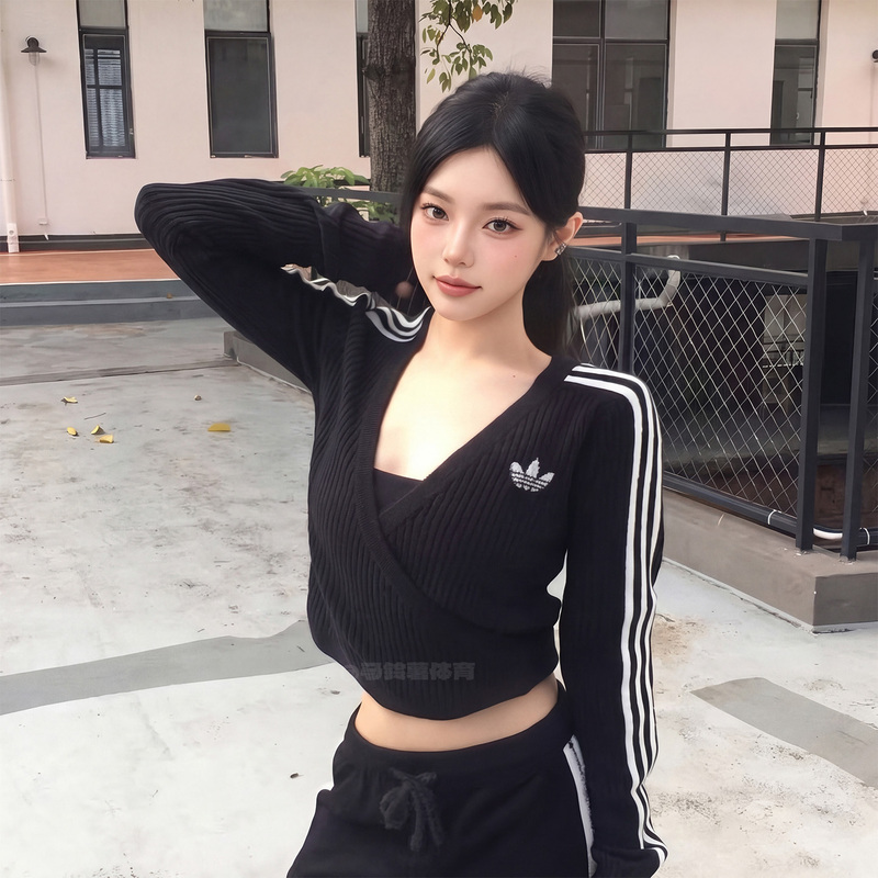 Adidas Jennie Collaboration Trefoil Knit Jacket Sports Black V-Neck Striped Pullover Top Ld8933