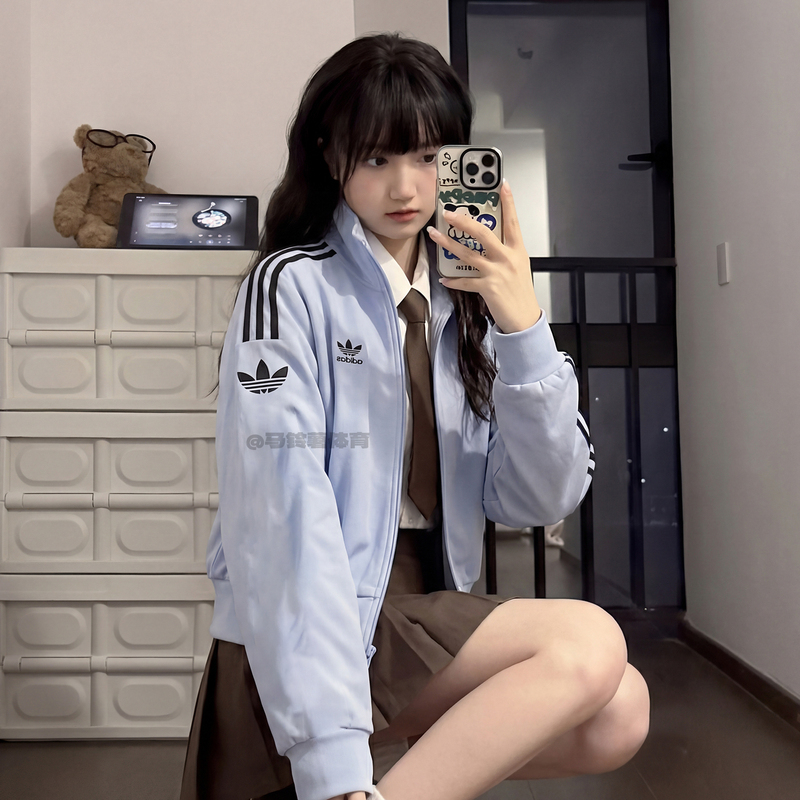 Adidas Adidas Trefoil New Spring and Autumn Classic Sports Casual Stand-Up Collar Jacket Light Pink Blue Kb4517