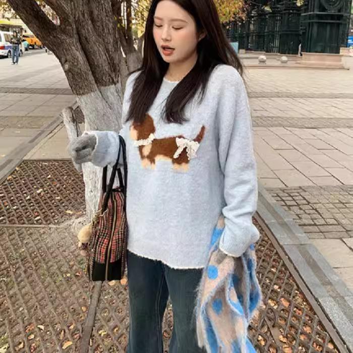 Japanese-Style Soft and Fluffy Puppy Jacquard Lace Trim Sweater for Women 2024 Autumn and Winter Casual Lazy Pullover Knit Top