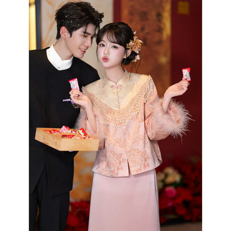 New Chinese-Style Engagement Dress for Women, Pink Toast Dress, Bride's Wedding Dress, Autumn and Winter Cheongsam, Long-Sleeved, Light Luxury, High-End Feel