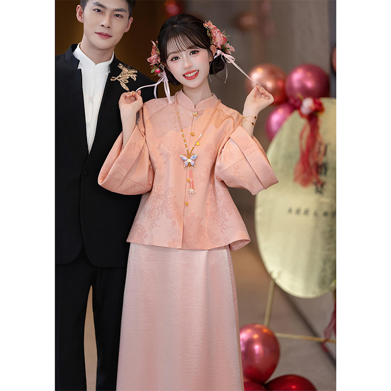 Engagement Dress for Women, Pink Chinese Style Long-Sleeved New Chinese-Style Toast Dress, Light Luxury and High-End Bridal Robe, Can Be Worn Daily
