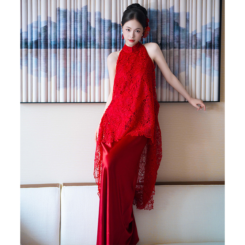 Morning Gown for the Bride, Stunning and High-End, Red Lace Toasting Dress, Light Luxury, Niche Engagement Dress, Halter Neck, Vintage Style