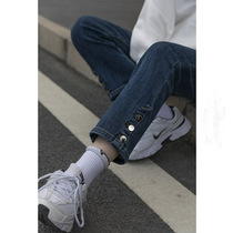 High waist menu pants stretch jeans girl 2021 new button open cigarette pants nine pants tide