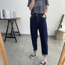 Dark blue high waist jeans woman 2021 new big-code female pants fat sister pear shape Harlen pants
