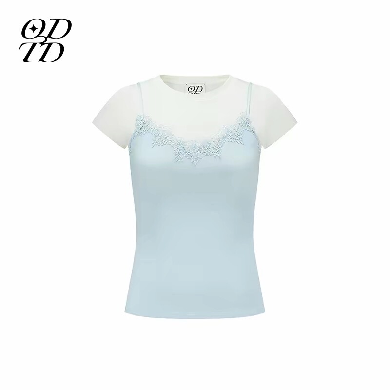 Designer Brand Odtd26 Spring/Summer New Style Fake Two-Piece Lace Patchwork Color-Blocking Short-Sleeve T-Shirt Ecc Boutique