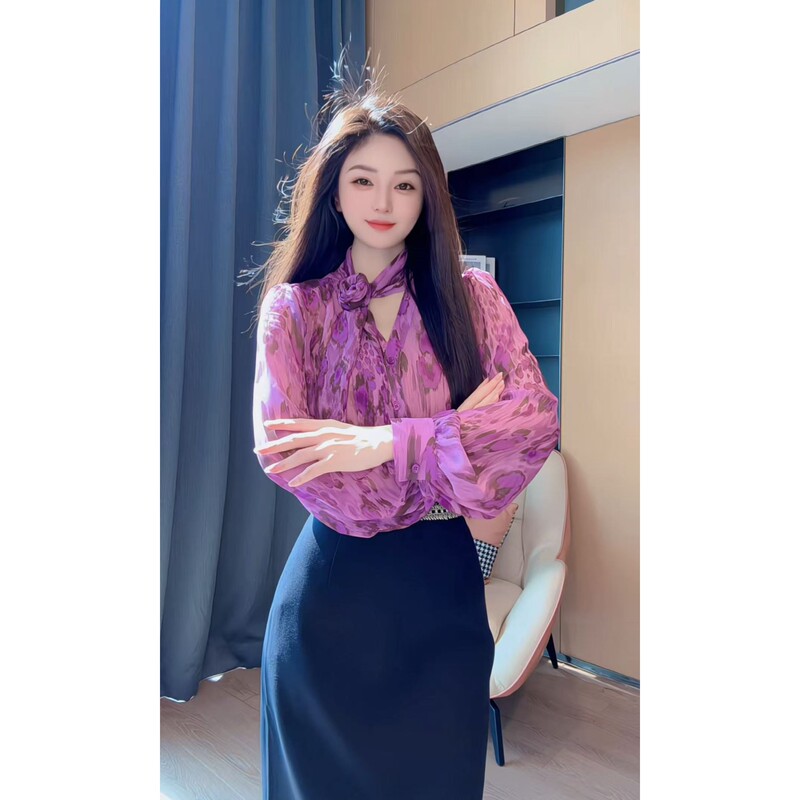 【Shenzhen Mi Xier】Autumn Purple Leopard Print Bow Ribbon Shirt 26020 【Shenzhen Mi Xier】Autumn Purple Leopard Print Bow Ribbon Shirt 26020