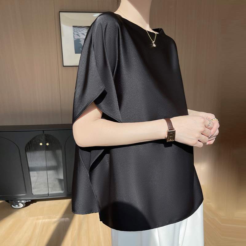 Silk Mulberry Silk Loose Batwing Sleeve Satin Thin Short-Sleeve T-Shirt French Style Lazy Air-Conditioning Cover-Up Top That Covers the Body