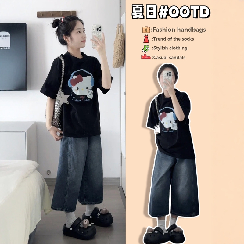 Casual Style Suit for Women in Summer, Loose Short-Sleeved Denim Cropped Pants Two-Piece Set, Looks Great on Petite Figures, Ootd Outfit