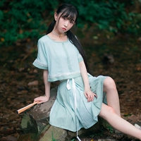 [Mười ba thảo quả nữa] Azure thêu cổ áo tan ren khâu chân váy dài yếu tố Trung Quốc set váy maxi đi biển
