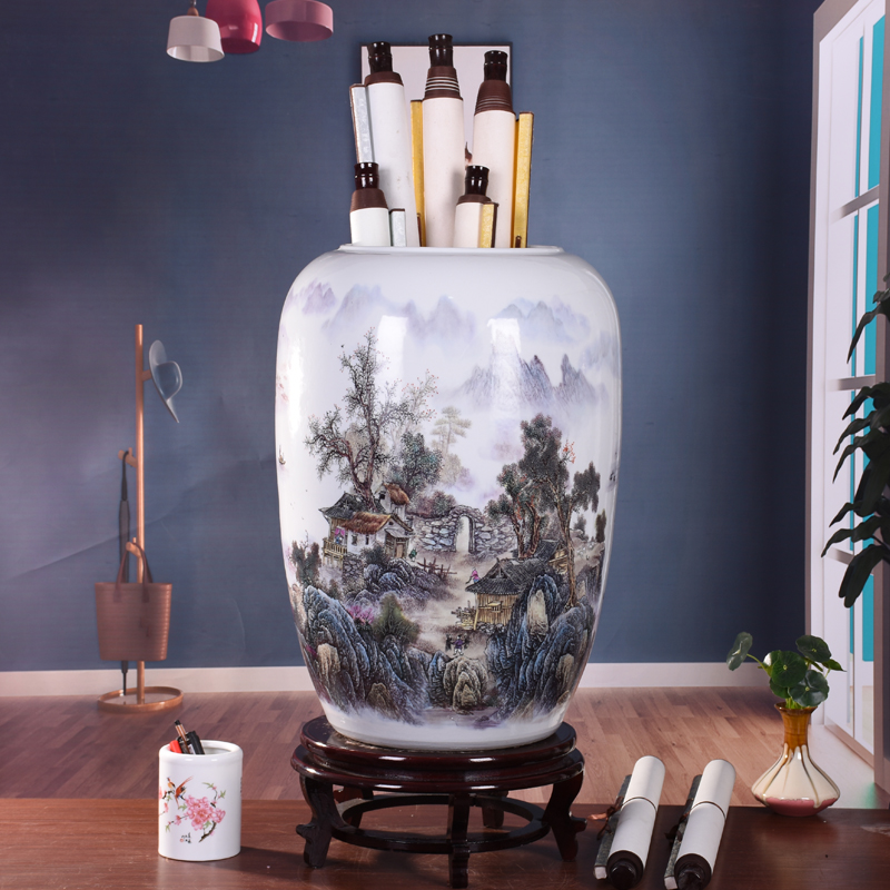 Jingdezhen ceramic calligraphy and painting cylinder scroll cylinder New Chinese living room study Floor-to-ceiling calligraphy and painting cylinder large vase decorative ornaments