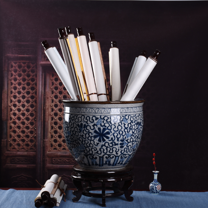 Jingdezhen Ceramic Vase Green Flower Crack Glaze painting and calligraphy containing cylinder scroll cylinder Living room Book room Calligraphy Painting Barrel