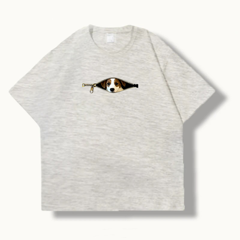 Zipper Flat-Haired Jack Russell Terrier Print Pure Cotton Short-Sleeved T-Shirt, Unisex New Style Japanese Summer Couple T-Shirt