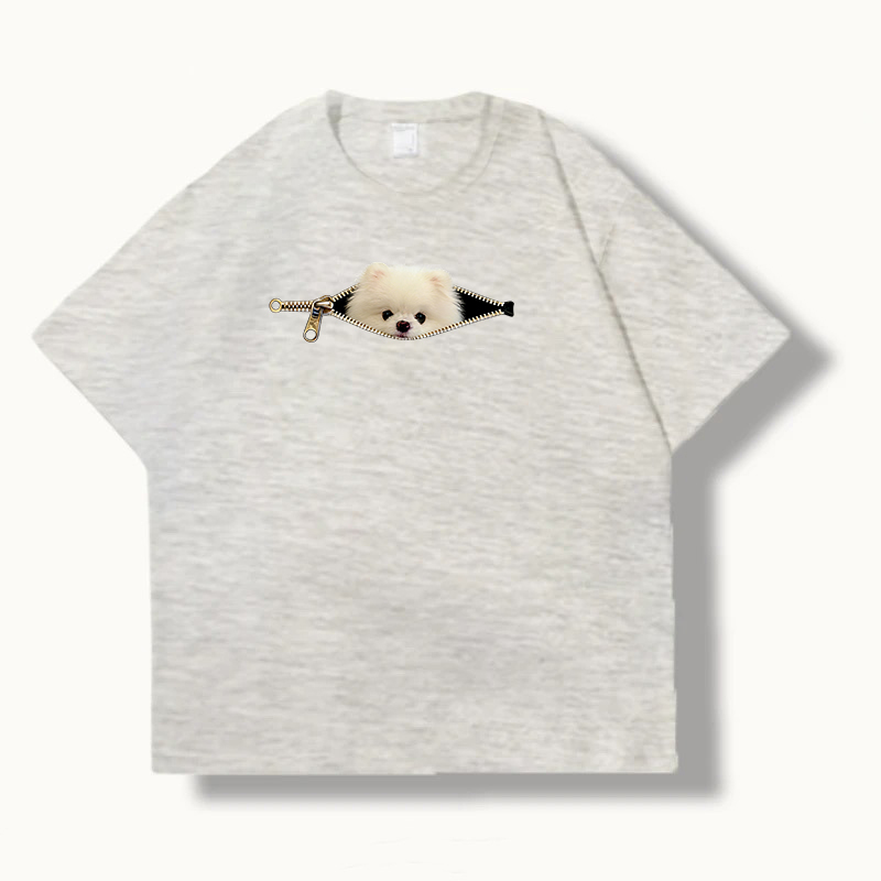 260g Zipper Pomeranian Print Pure Cotton Short-Sleeved T-Shirt, Unisex Casual Summer Couple T-Shirt, Summer Top