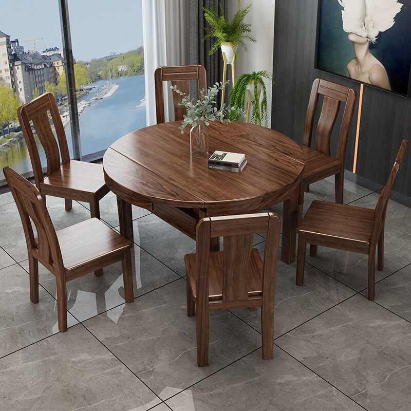 Solid wood gold silk walnuts wood dining table and chairs combined modern Chinese retractable folding square-purpose simple dining table-Taobao