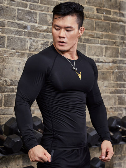 Black Letter Print Fitness Tights Men's Long-Sleeved High-Elastic Quick-Drying Training Clothes Base Layer Running Sports Tops Autumn and Winter