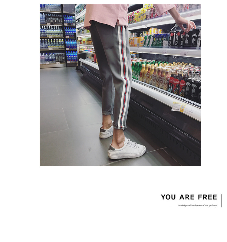 Mùa thu và mùa hè sinh viên Hàn Quốc đàn hồi eo chín điểm chùm quần âu phụ nữ hoang dã loose side feet thể thao quần quần adidas nữ