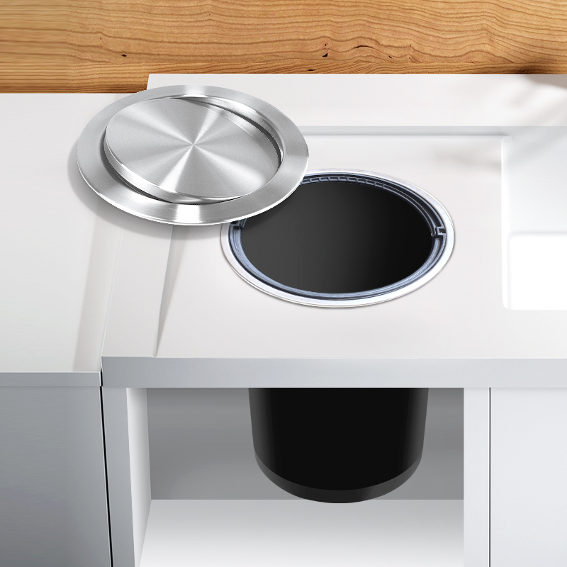 Round Recessed Countertop Trash Can Kitchen Stainless Steel Flip-Top Sink Cleaning Bin Cabinet Hidden Square