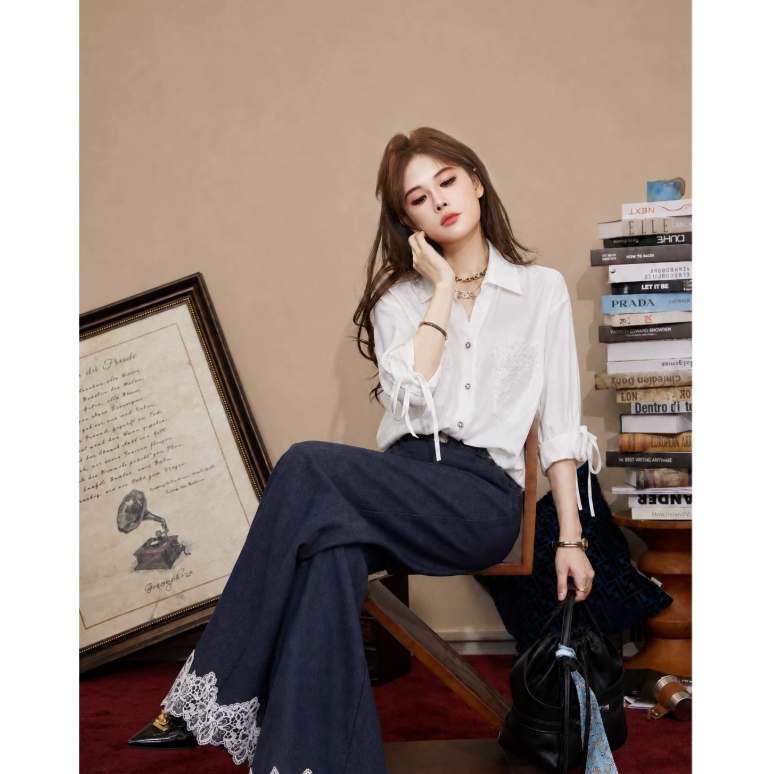 2026 Summer New Style [Flower Knot] French-Style Relaxed Lace-Trimmed Adjustable Tie-Up Shirt for Women