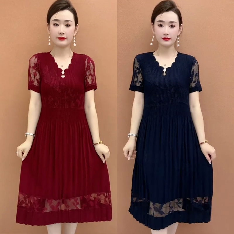 2025 Summer Style Versatile Lace Collar Pendant Lace Patchwork Women's Dress Elegant Slimming Mid-Length Dress