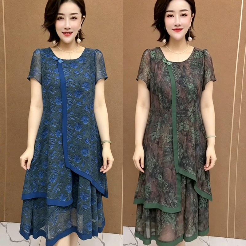 Summer Style Simple and Elegant Patchwork Floral Short-Sleeved Dress Loose Casual Double-Layer Gauze Versatile Women's Mid-Length Dress