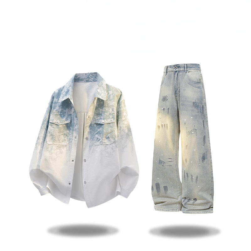 Youth Casual Suit for Boys, Spring New Style, American-Style Gradient Tie-Dye Long-Sleeved Shirt and Jeans Set
