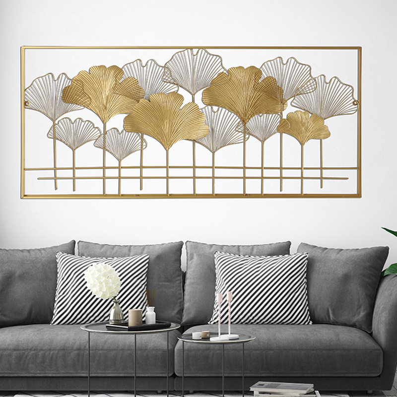 New Chinese rectangular gingko leaves wall hanging decoration living-room book room background decoration wall-mounted gold iron art wall decoration