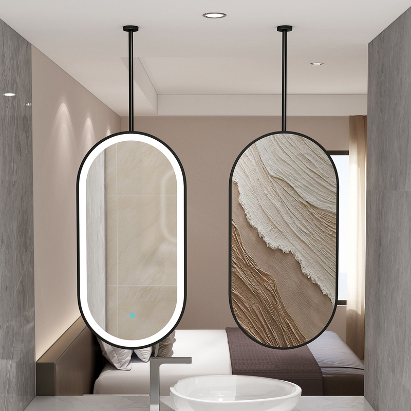Oval Suspended Bathroom Mirror with Lights, Ceiling Hanging Mirror, Hotel and Guesthouse Bathroom Suspended Mirror