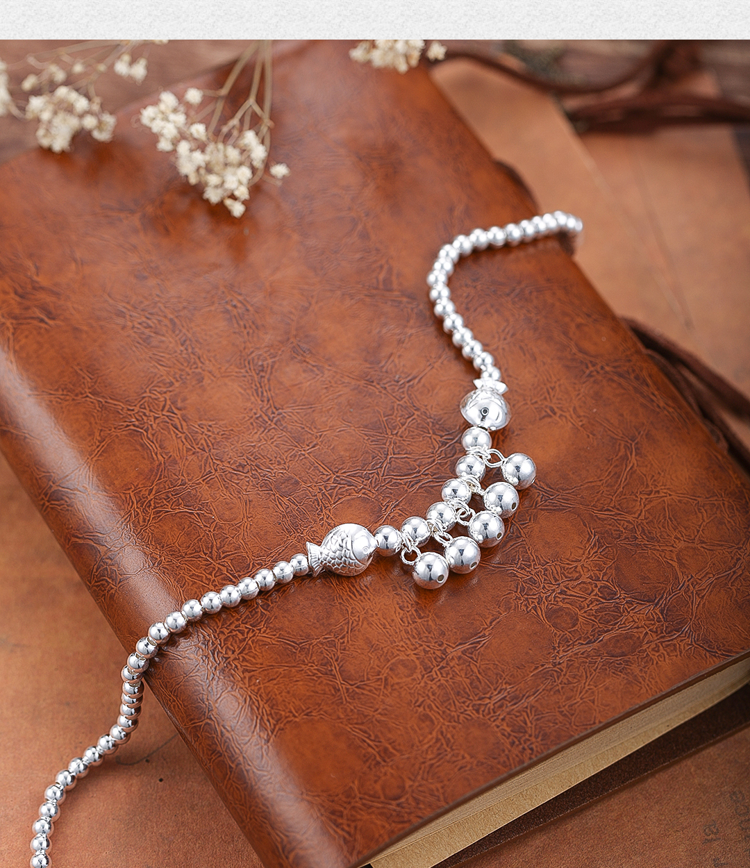 Jiu Le S990 bạc tinh khiết Song Ngư đính hạt vòng tay handmade trang sức chuông vòng tay trang sức đơn giản để gửi quà cho bạn gái lắc chân