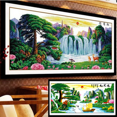 Finished Cross-Stitch of Welcoming Pine Tree, Handmade, Fortune Version for Living Room, 2m Landscape Painting for Sale, Already Embroidered
