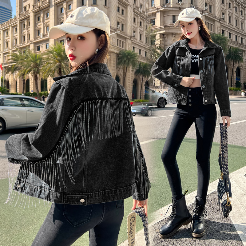 Foreign Trade Italian Original Export Cut-Label Loose Fringed Petite Black Denim Jacket Women's Jacket Top