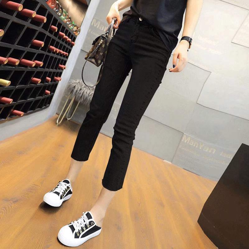 Women's Cropped Jeans, Eight-Point Cigarette Pants, 2025 Spring/Summer New Style, Slimming Black High-Waisted Stretchy Straight-Leg Nine-Point Pants