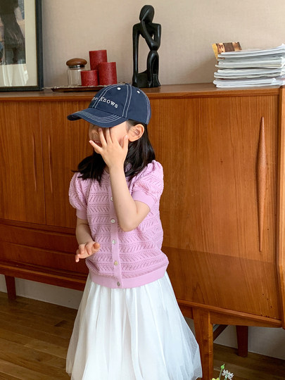 Littleuubigs Ultra-fine 51-pin long-length cotton puff sleeve top for girls summer hollow knitted cardigan