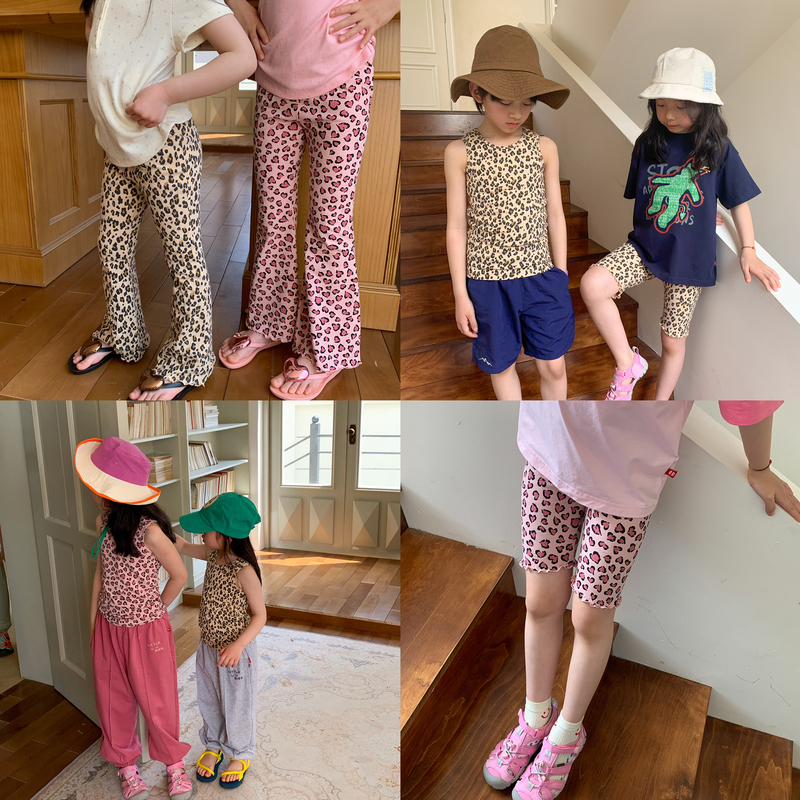 Lub A-Class Summer Versatile Children's Leopard Print Set: Ruffled Flared Pants/Vest/Girls' Cycling Pants